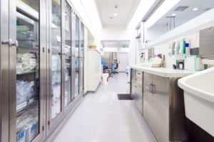 Interior modern hospital corridor with metal and glass cabinets containing hospital supplies, a white counter-height cabinet with closed doors, a brown cabinet with closed drawers and doors, with supplies on top, two sinks with paper towel holders and a desk with supplies in the background with an exit door